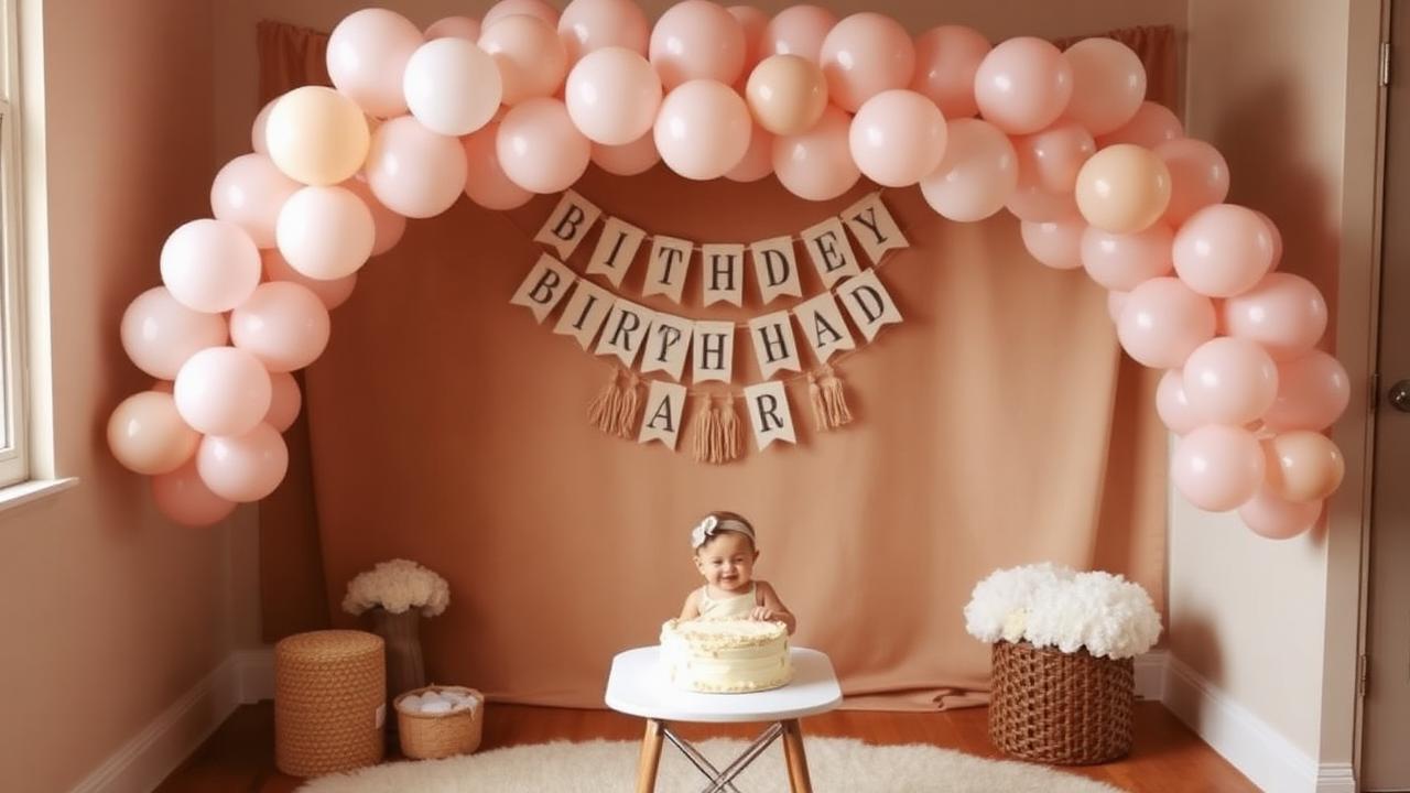 Decoración de primer cumpleaños con arco de globos pastel y smash cake en un local privado