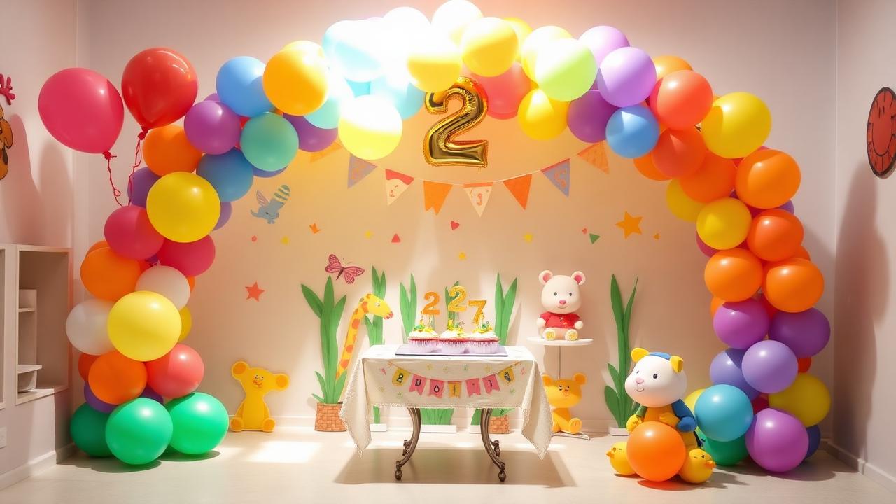 Cumpleaños de 2 años con arco de globos de colores y decoración de animales en local infantil