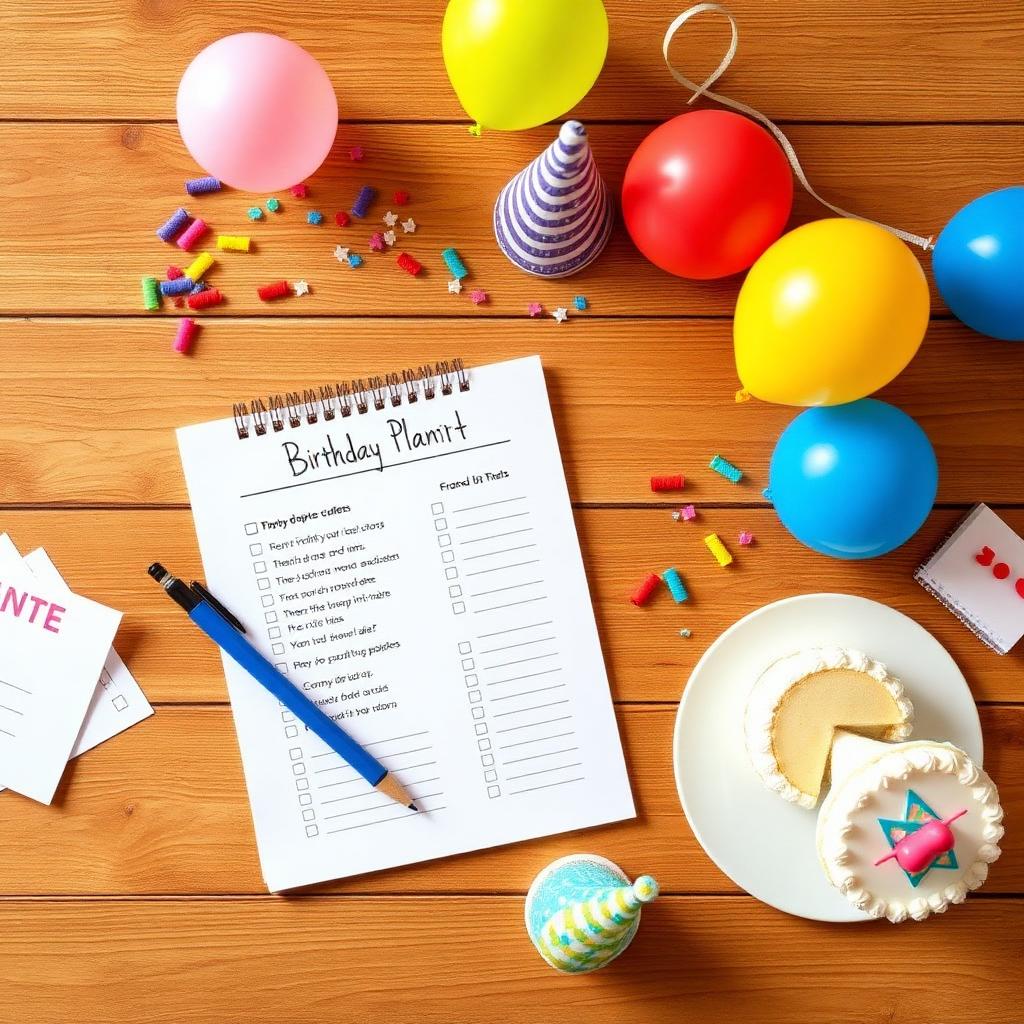 Checklist para organizar un cumpleaños infantil sobre mesa de madera con globos y confeti