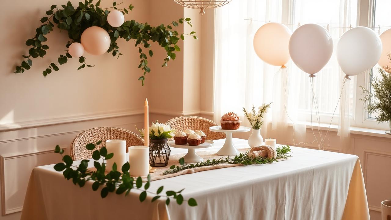 Mesa de baby shower boho con globos pastel y cupcakes en un local privado