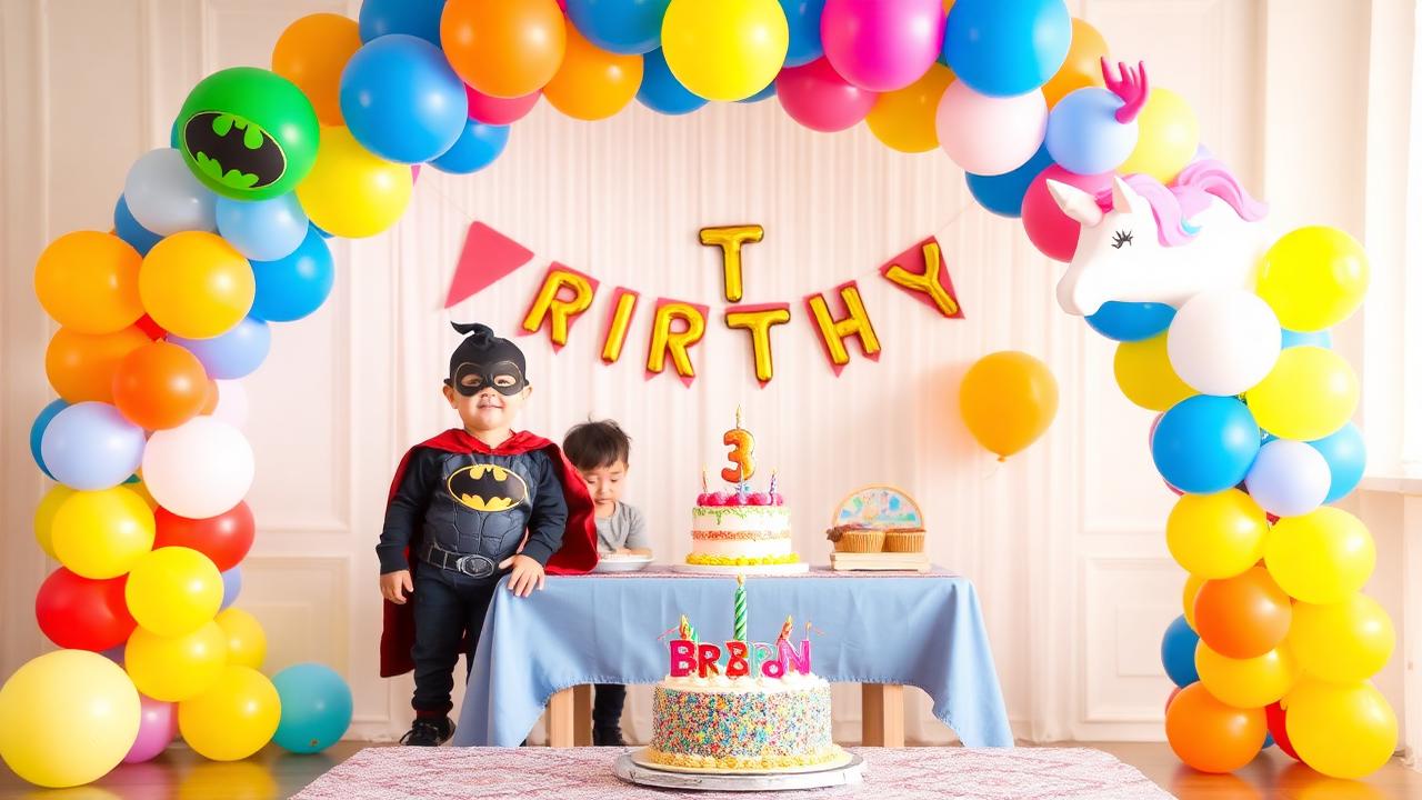 Cumpleaños de 3 años con temática de superhéroes y unicornios en un local infantil privado