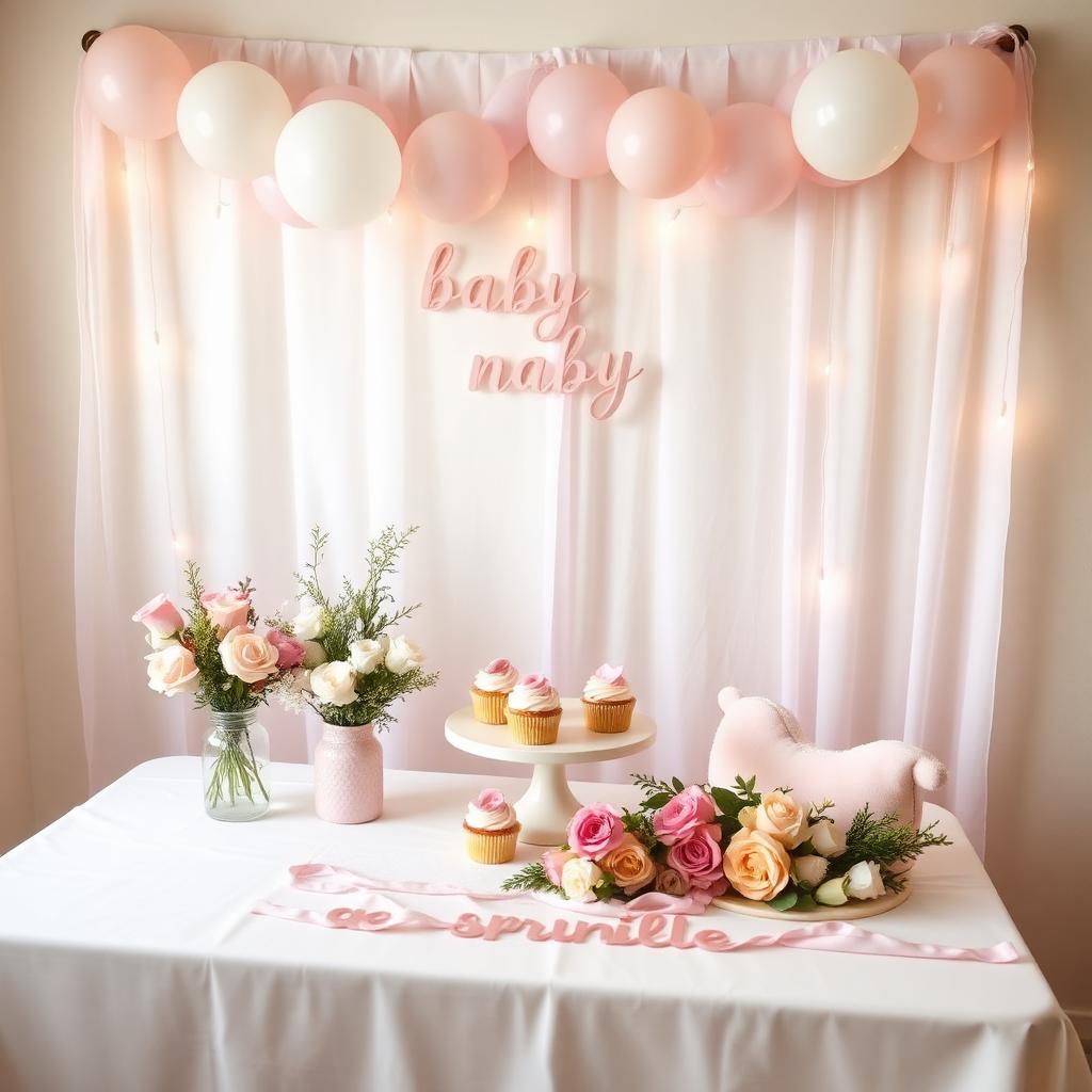 Decoración de baby sprinkle en tonos pastel con flores, cupcakes y globos rosas