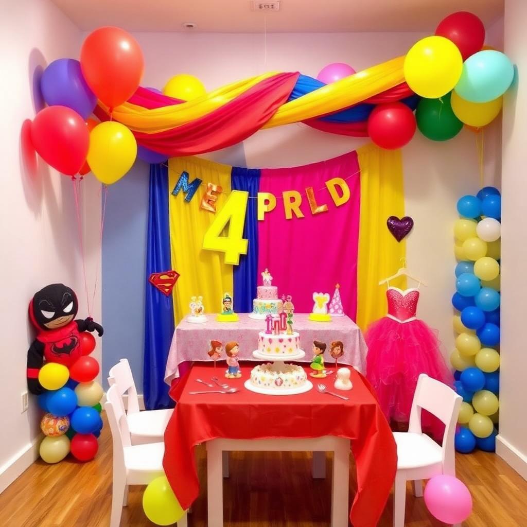 Cumpleaños de niño de 4 años con globos de colores, tarta y decoración temática en un local privado