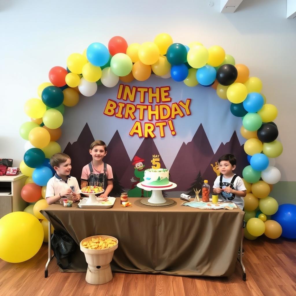 Cumpleaños de niño de 5 años con arco de globos, mesa de tarta y estaciones de actividades