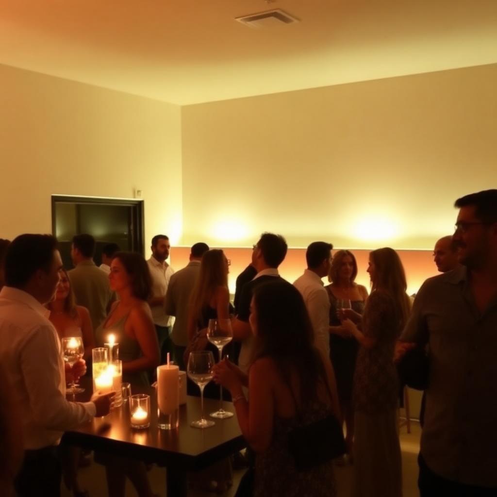 Cumpleaños de adulto en local privado en Valencia con luz cálida, cócteles y grupo de amigos