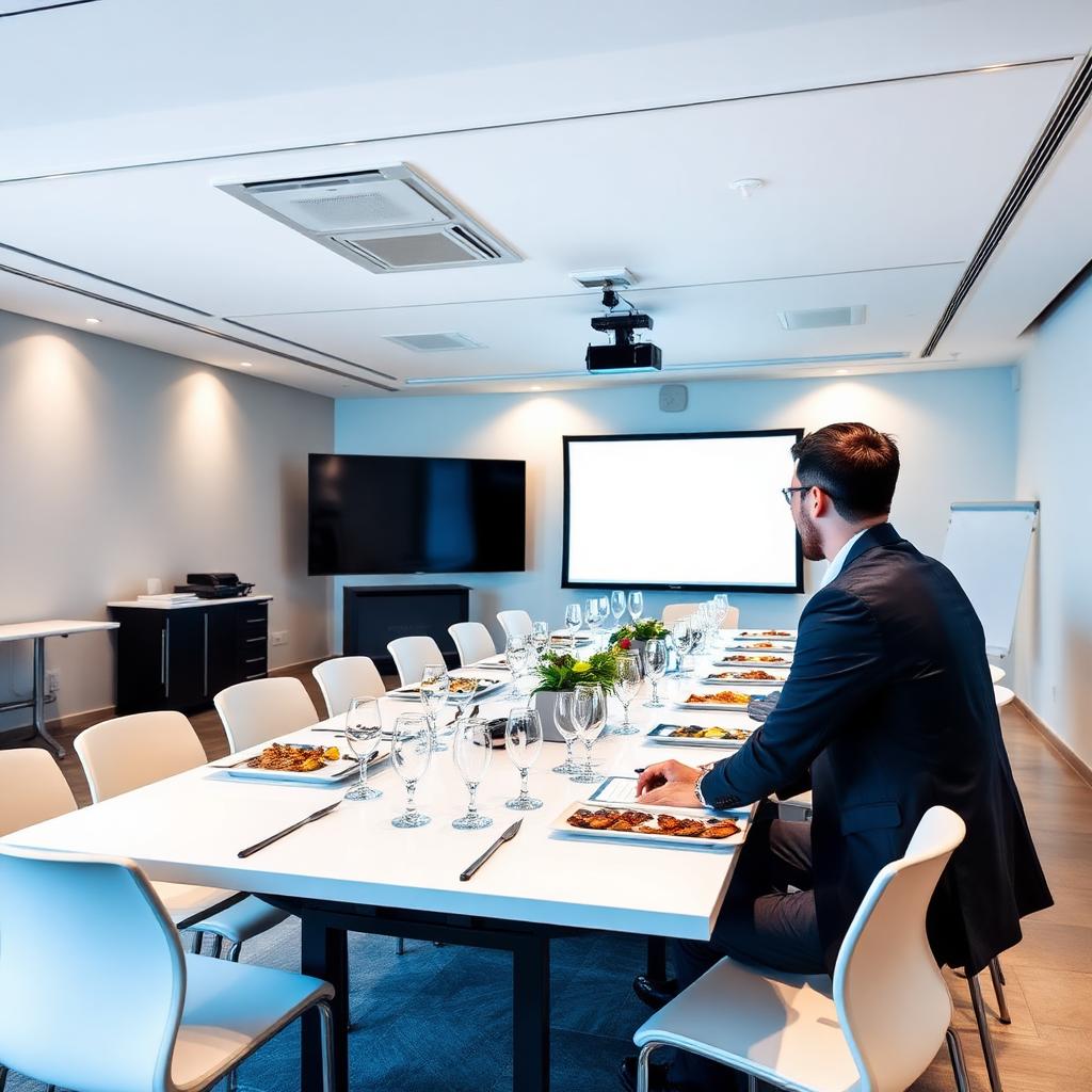 Sala corporativa en Valencia preparada para reunión con proyector, mesa amplia y catering